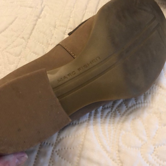 Tan suede leather wooden stacked heel 2” loafers. - Picture 3 of 4